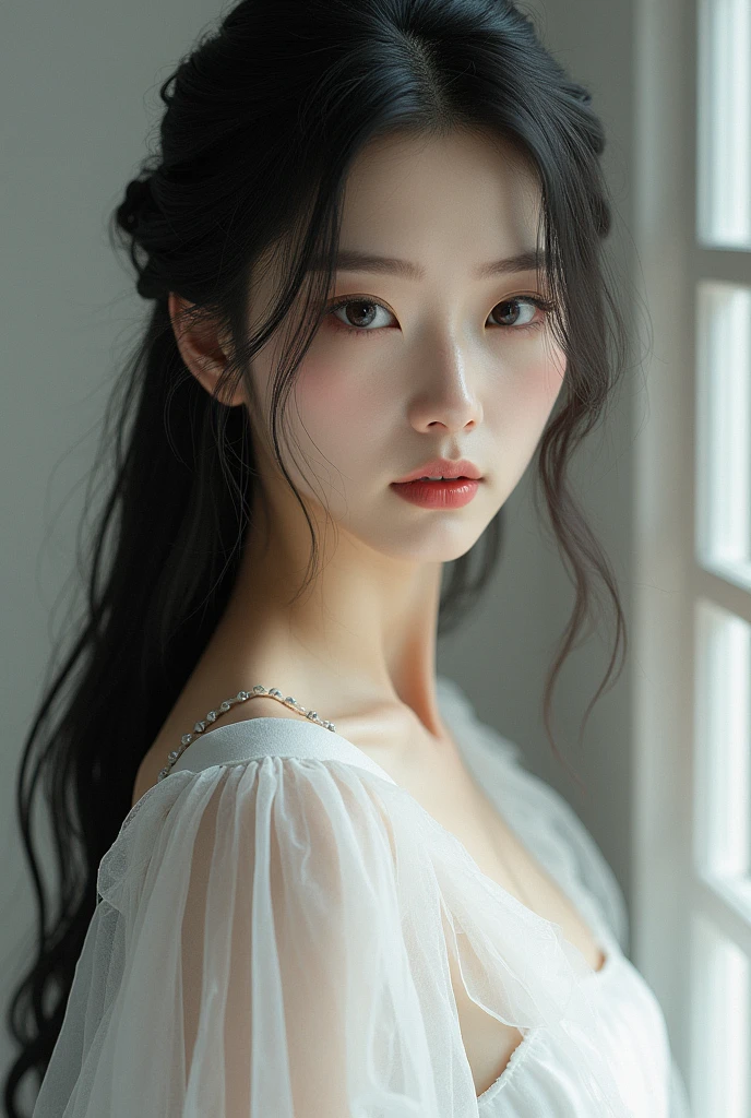 Tip: Copy an Asian woman in a white dress，with his long black hair, (12x) extremely Pale skin, soft Pale skin, Red Velvet Seulgi, pale skin, very Pale skin, fair skin!!, Pale skin, very very Pale skin, pale porcelain skin, pale beautiful skin, extremely Pale skin, very very very Pale skin, Jiang Shuqi