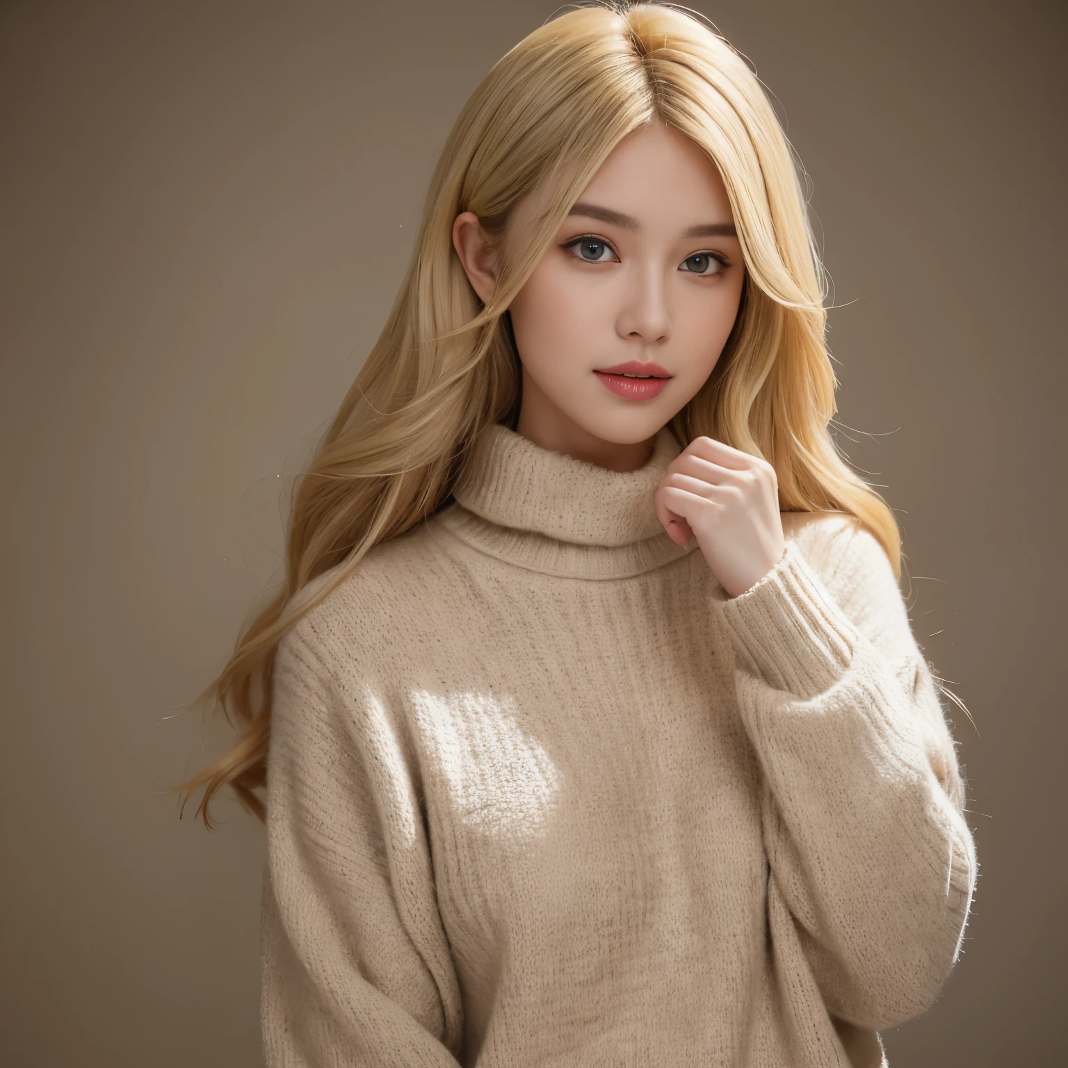 Portrait of a blonde model wearing a warm designer sweater, Brand clothing style, The sweater is completely exposed, GH5, Happy expression, Low key image, Clear Texture - Image #2 @Slim Slim