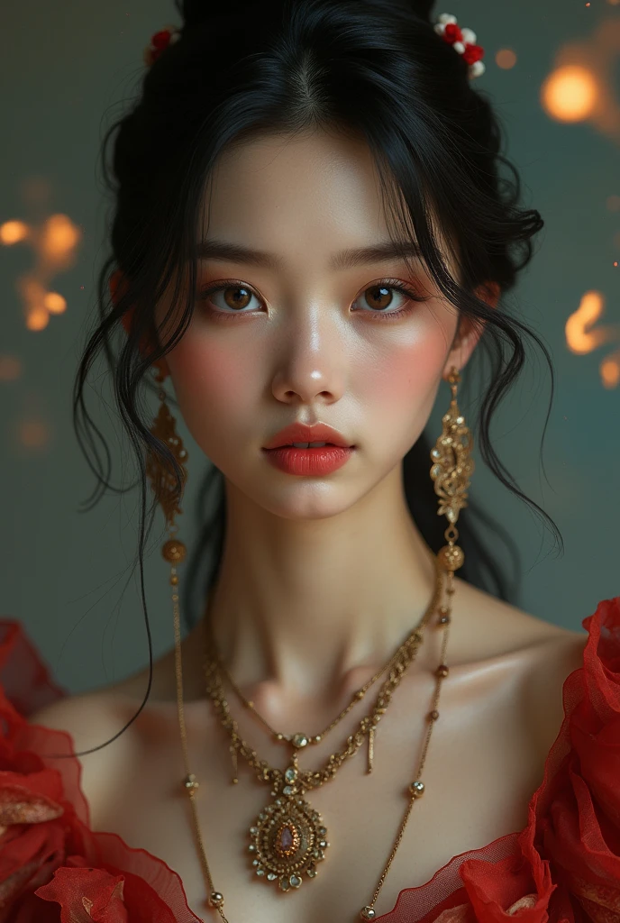 best quality,masterpiece,Ultra-high resolution,(photoPractical:1.4)1 Girl,beautiful_Face,Delicate skin,whole body,yuhuoshu,Jewelry,Solitary,earrings,(fire:1.3),Vague,Practical,Lips,