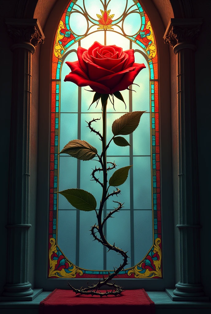 Create a drawing of a red rose with a stem of thorns surrounding it and hanging it in Stained Glass
