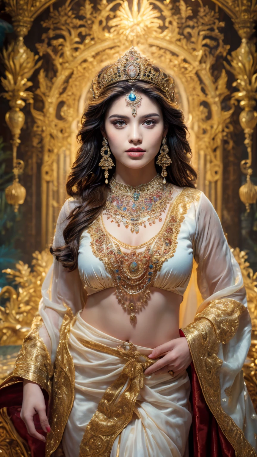 ((Best quality, 8k, Masterpiece :1.3)), Sharp focus :1.2, Generate a realistic image of a beautiful sexy Indian woman plus size body: 8.5 (masterpiece like a princess) (body like divine girl) dressed divine clothes white short skirt and print v neck blouse + belt, adorned with traditional ornaments, standing in a well-lit room with cinematic lighting. ((Front view, random elegant pose)), and there is a sense of grace and elegance in her posture. The background should complement the scene, enhancing the overall aesthetic appeal of the image. Photography by Brandon Woelfel, Full shot: Canon EF 16-35mm f/2.8L III USM lens on a Canon EOS 5D Mark IV camera, ultra realistic, 32k, HD