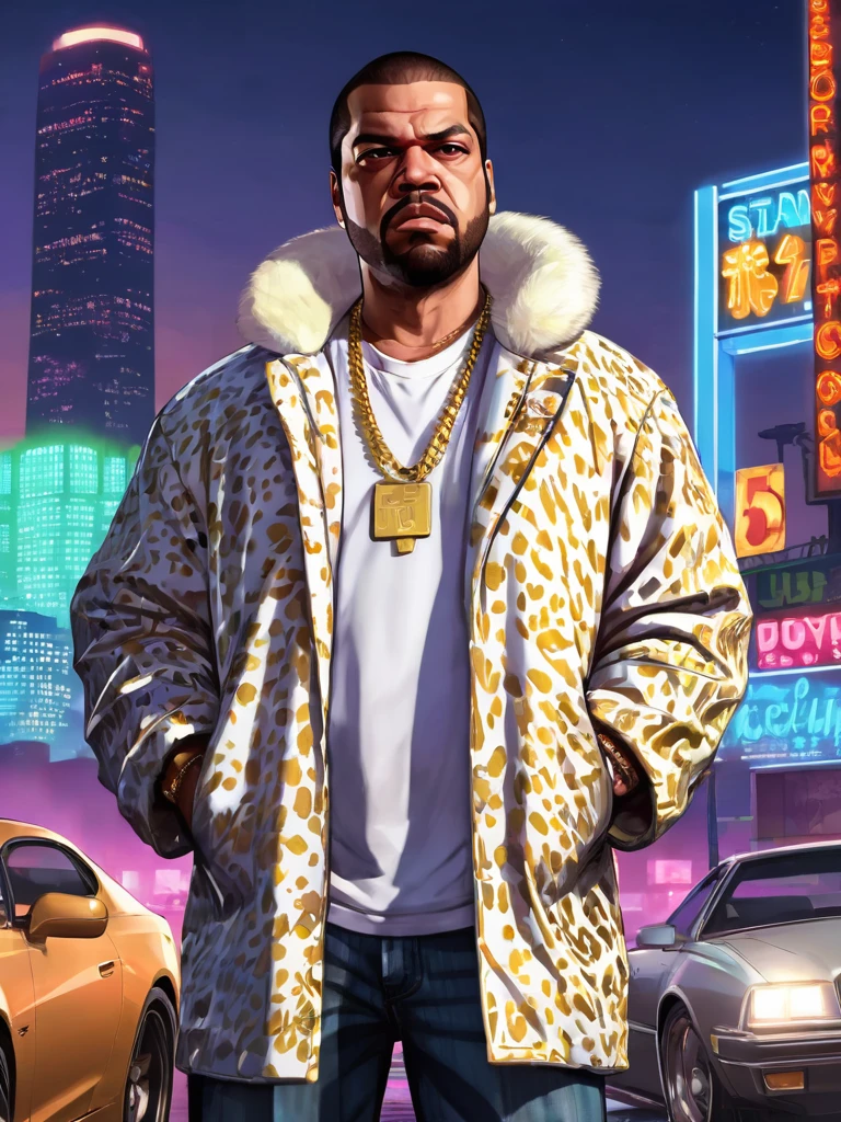 Illustration, digital art, (Gta 5 style:1.4), bright colors, (cartoon style:1.2), glamorous style, best quality, holistic, high detail, serious man, ice cube, in white cheetah jacket, gold chain, against a large night metropolis, neon lighting, soft light