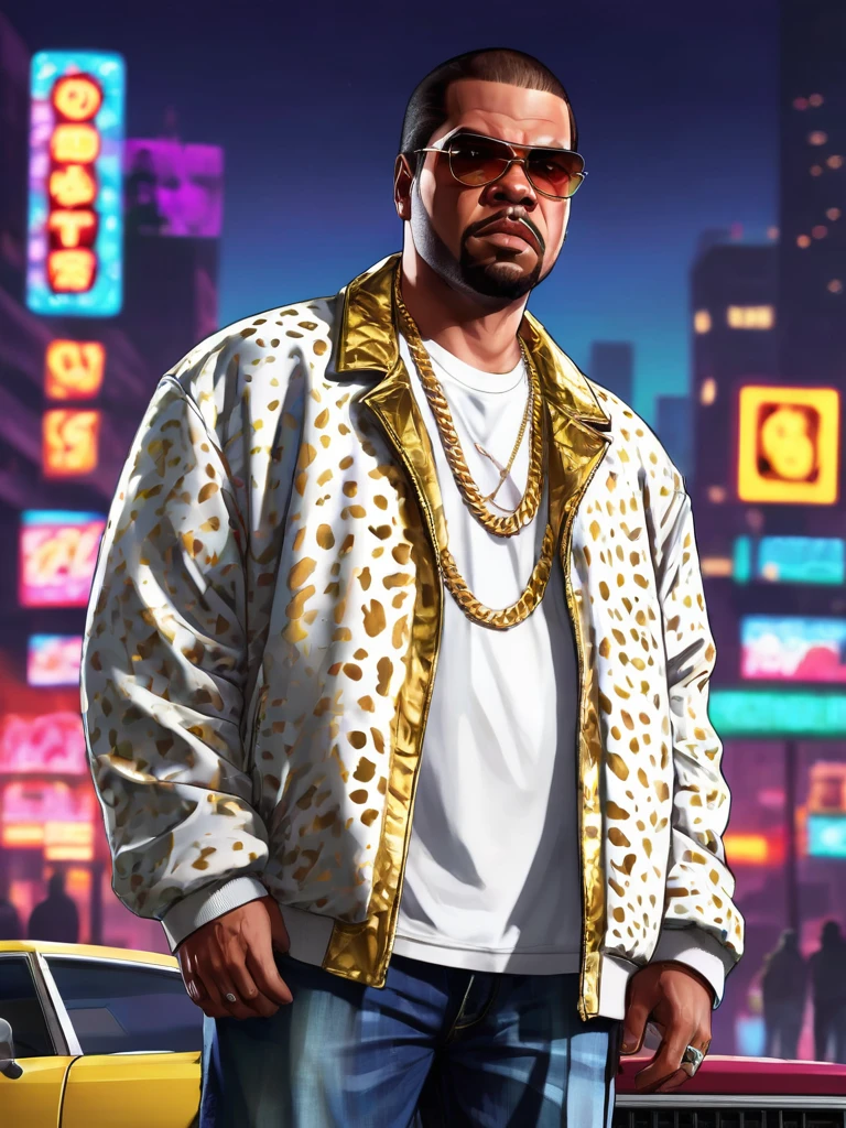 Illustration, digital art, (Gta 5 style:1.4), bright colors, (cartoon style:1.2), glamorous style, best quality, holistic, high detail, serious man, ice cube, in white cheetah jacket, gold chain, against a large night metropolis, neon lighting, soft light