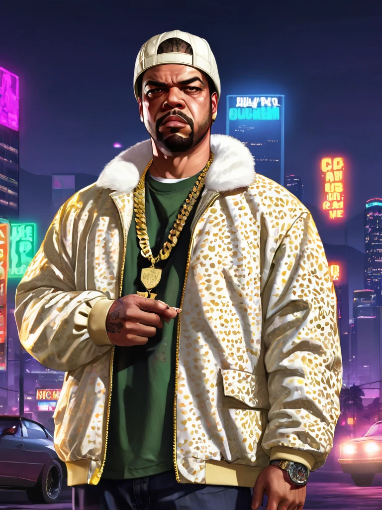 Illustration, digital art, (Gta 5 style:1.4), bright colors, (cartoon style:1.2), glamorous style, best quality, holistic, high detail, serious man, ice cube, in white cheetah jacket, gold chain, against a large night metropolis, neon lighting, soft light