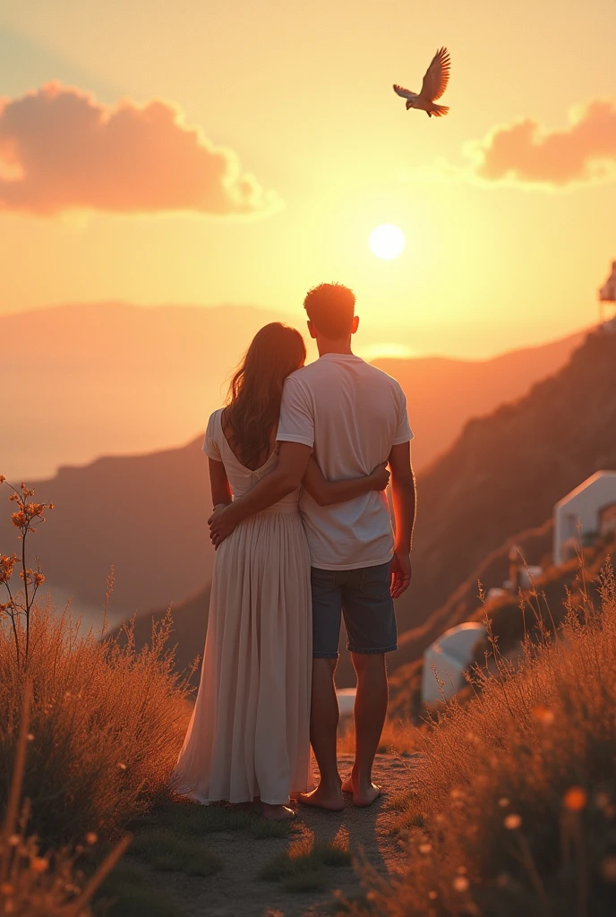 A couple with their backs turned, standing in the middle of undulating and sprawling Santorini, with the sun setting on the horizon, Bathing the landscape in warm shades of orange, pink and gold. The couple is hugging, with a relaxed and romantic posture. She is wearing a long dress, fluid and soft in color, while he wears casual clothes, like a light shirt and pants. The style of the image is clearly vintage, with a slightly faded filter and softly blurred edges, evoking a sense of nostalgia and tranquility. The colors are dull, with a slight patina that gives the feeling of an old photograph. The sky shows soft brushstrokes of clouds, and the sunlight reflects on the grass, creating a warm and welcoming atmosphere, that in the air there is an owl opening its wings 