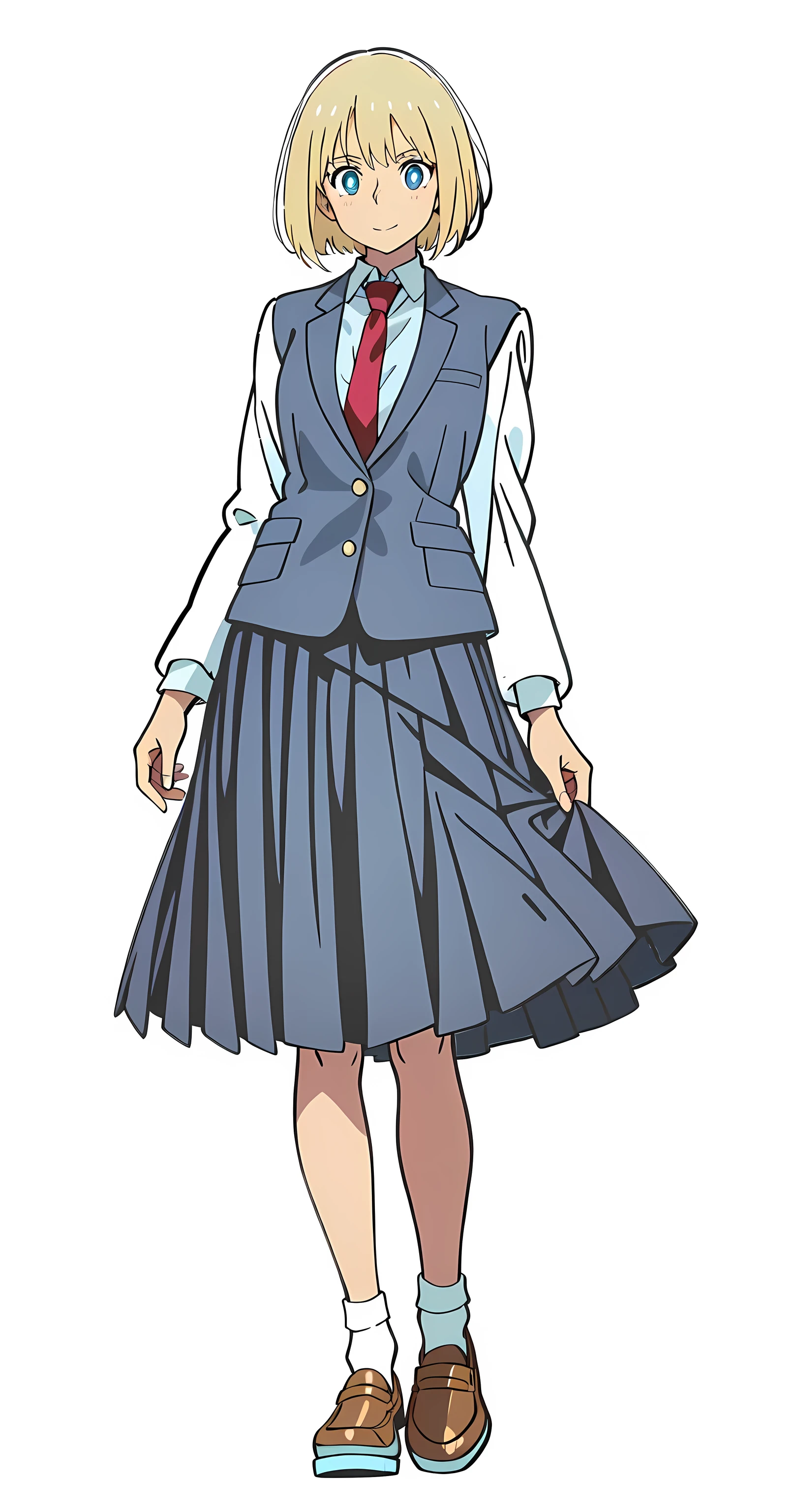 (white background:1.0), (best quality:1.0), (masterpiece:1.0), (super fine illustration:1.0), (beautiful artwork:1.0), (anime screencap:1.0), (official art:1.0), (european:1.0), (solo:1.0), (a 18yo cute girl:1.0), (long skirt:1.0), (blue skirt:1.0), (pleated skirt:1.0), (blue waistcoat:1.0), (white long sleeve collared shirt:1.0), (red necktie:1.0), (loafers:1.0), (white socks:1.0), (ideal ratio body proportions:1.0), (lanky:1.0), (tall:1.0), (slender:1.0), (small breasts:1.0), (smaller face:1.0), (smile:1.0), (cheerful:1.0), (detailed beautiful eyes:1.0), (detailed beautiful face:1.0), (glowing blue eyes:1.0), (bob cut:1.0), (swept bangs:1.0), (blonde hair:1.0), (standing:1.0), (looking at viewer:1.5)