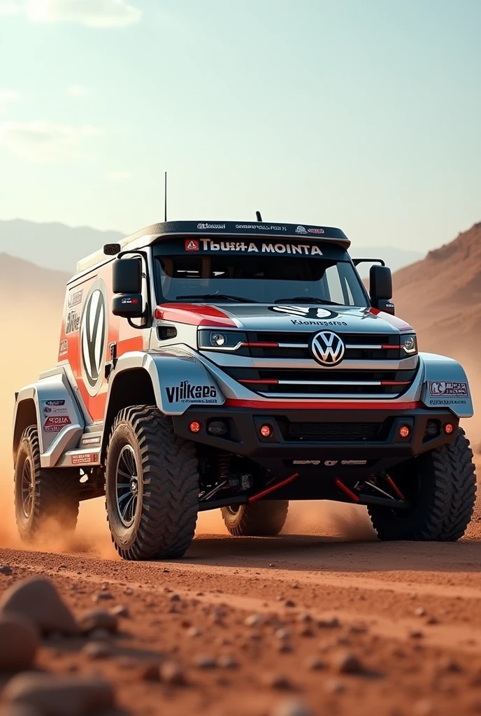 Create a Volkswagen Racing Truck, formula truck style, with stickers saying RICARDO, TEAM A, COPASA