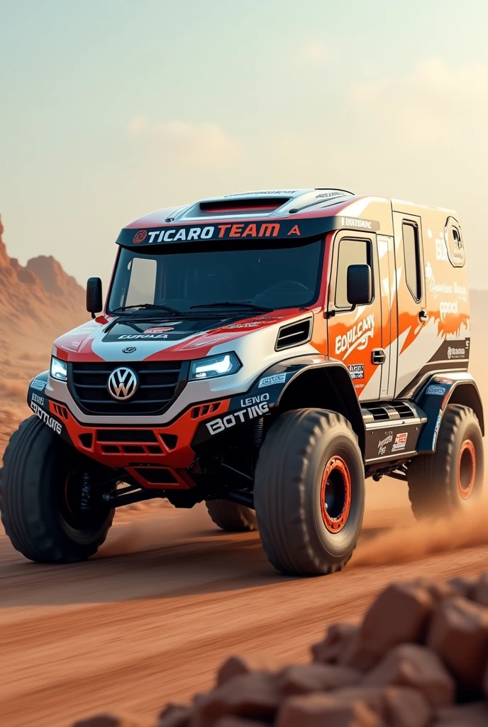 Create a Volkswagen Racing Truck, formula truck style, with stickers saying RICARDO, TEAM A, COPASA