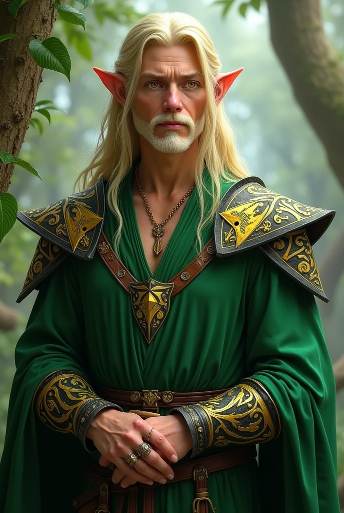 Elf man, middle age, blond long hair, yellow eyes, green fantasy cleric outfit, handsome, rings kn fingers, necklace, black-gold-green bracers, shoulder pads