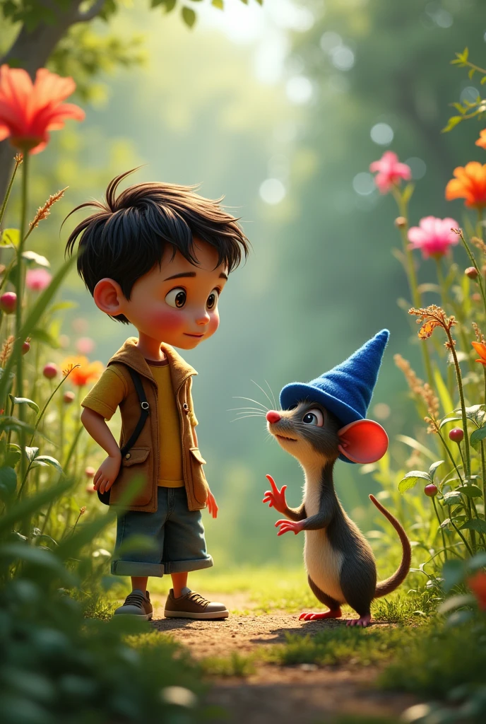 {
  "size": "1024x1792",
  "prompt": "Léo, the curious boy, is listening attentively to Remy, the small rat wearing a blue hat. They are standing together in a garden filled with tall grass and colorful flowers. Remy is gesturing with his tiny paws, explaining his quest to find a magical nut. Léo's face is filled with excitement and wonder."
}