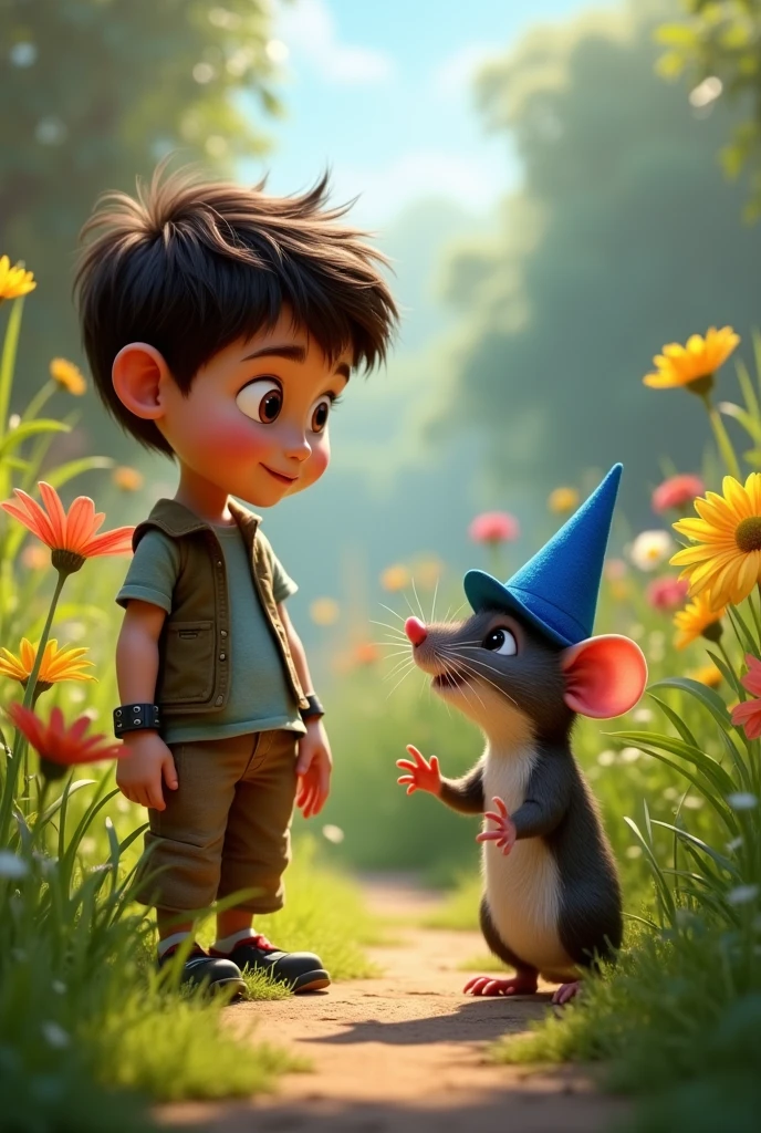 {
  "size": "1024x1792",
  "prompt": "Léo, the curious boy, is listening attentively to Remy, the small rat wearing a blue hat. They are standing together in a garden filled with tall grass and colorful flowers. Remy is gesturing with his tiny paws, explaining his quest to find a magical nut. Léo's face is filled with excitement and wonder."
}