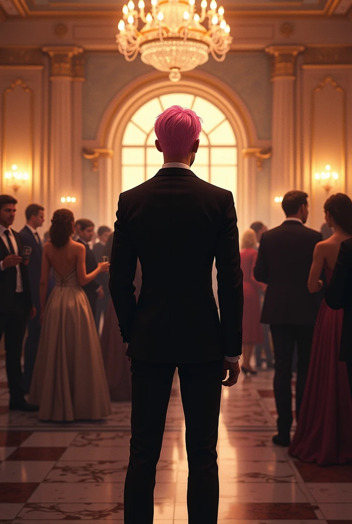 A man with light pink hair in a smart suit and at a fancy party alone