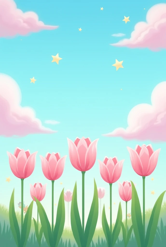 I want a row of pink 2d tulips having three petals as well as green leaves and dreamy pinkish clouds above it. Also add four handed stars with a blue sky. Make clouds as dreamy as anime and the tulips lighter. sky will be sky blue. Clouds and tulipes flat.