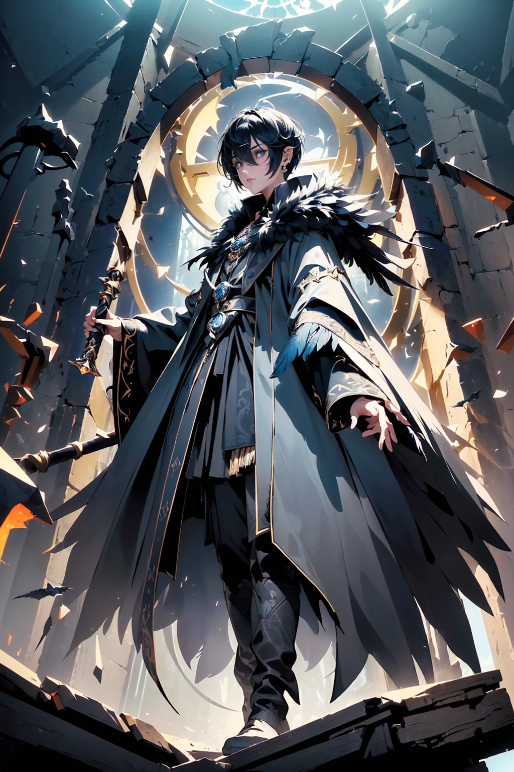 (((Epic illustration of a portal-creating wizard))), (black coat, neck with plumage, sleeves with plumage, coat with arcane patterns), (earring in right ear, short hair), dark staff. (((masterpiece, 8k, HD))), ((camera from below)), (Camera looking from the left).