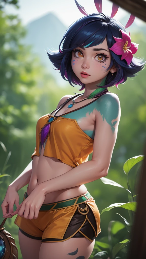 masterpiece,(best quality,top quality,8k),ultra detailed,illustration,painting,detailed eyes and face,1girl,neeko,facial marks, hair ornaments, hair flower, necklace,brown shorts, (cropped top:1.2),(short hair), pretty girl, beauty skin, ultra high res, raw photo , detailed body , (looking at viewer ),(puffy eyes) ,good contrast , high sharpness,(gorgeous),realistic,RAW Photography,(hyperdetailed:1.2)