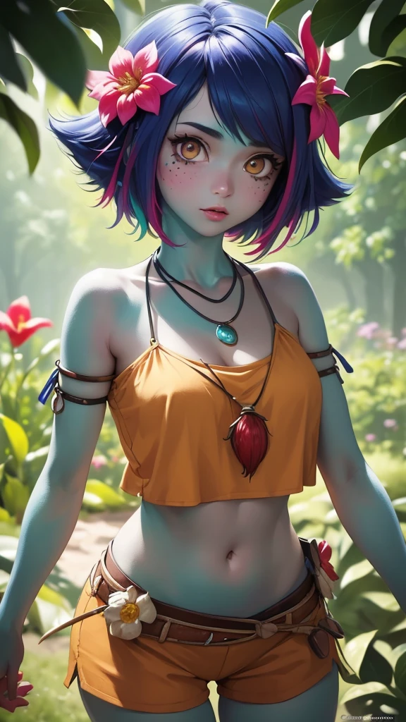 masterpiece,(best quality,top quality,8k),ultra detailed,illustration,painting,detailed eyes and face,1girl,neeko,facial marks, hair ornaments, hair flower, necklace,brown shorts, (cropped top:1.2),(short hair), pretty girl, beauty skin, ultra high res, raw photo , detailed body , (looking at viewer ),(puffy eyes) ,good contrast , high sharpness,(gorgeous),realistic,RAW Photography,(hyperdetailed:1.2)