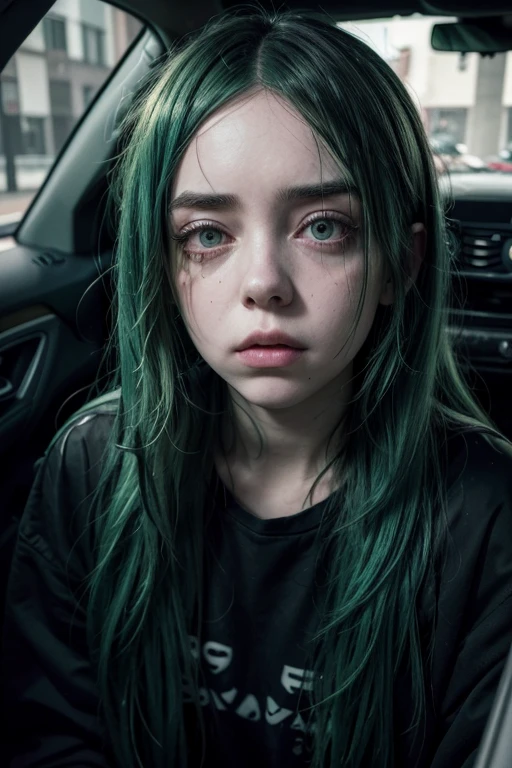 Dead woman with green hair like Billie Eilish with a scary face and wearing dark oversized clothing, She finds herself looking at herself from beyond, since he suffered an accident in his car, losing life, ultra realistic