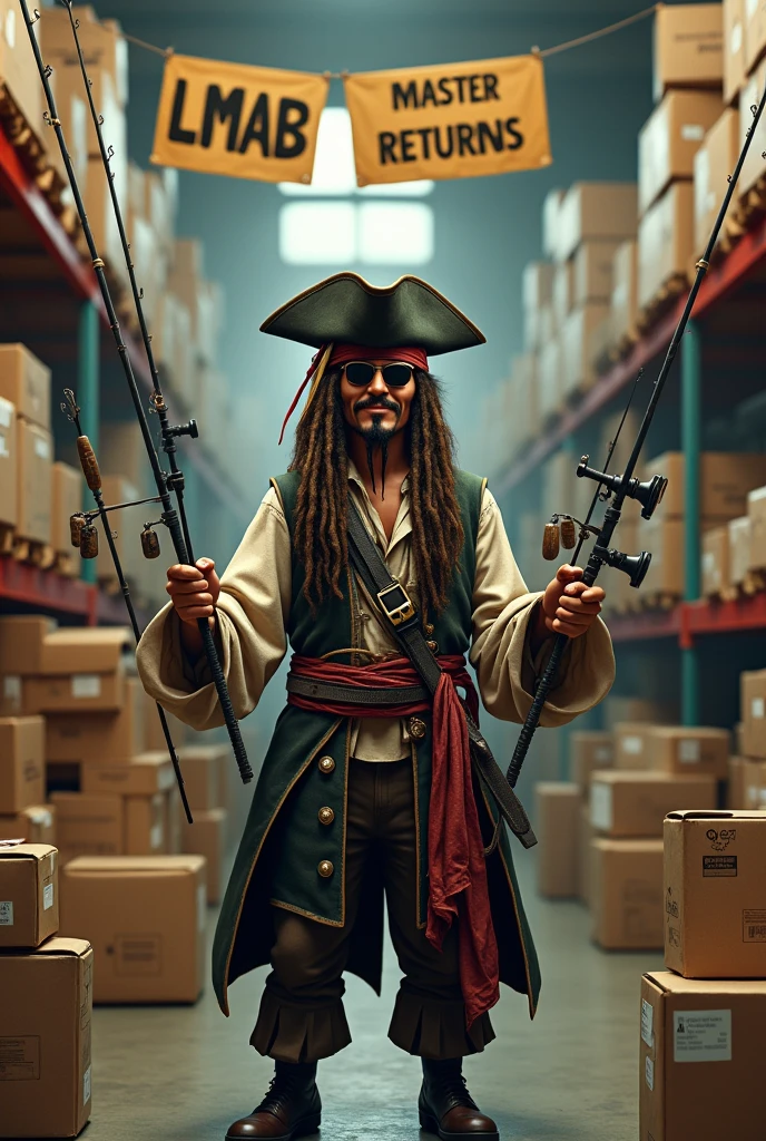 Create an image of Jack Sparrow, who is standing in front of a lot of packages and has several fishing rods and fishing equipment in his hand.
Jack Sparrow is said to be in a returns warehouse for fishing equipment.
He should laugh in a friendly manner. look at the camera, zoom in and present the fishing and hold a package. Wear sunglasses. Above him hangs a sign that says " LMAB" and a sign that says "Master of Returns"
In the background, employees are packing