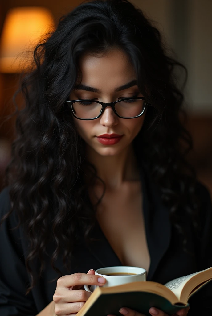 White skin woman, long hair , cacheado blackw, rounded face, prominent cheeks,
lips enlarged in red color, lightbrown eyes, wearing prescription glasses, blackw, holding a book and a cup of coffee 

