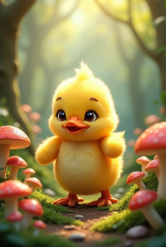 adorable creature,yellow duck, Adorable, Cute, Furry, Fluffy, forest, Mushrooms, dancing