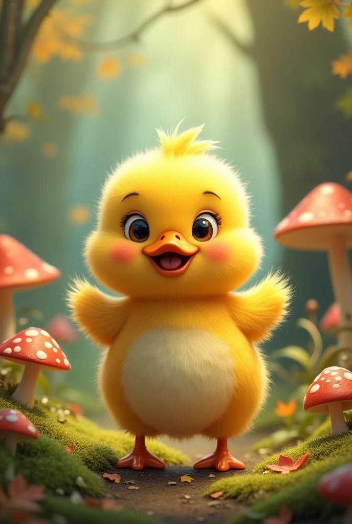 adorable creature，yellow duck, Adorable, Cute, Furry, Fluffy, forest, Mushrooms, dancing