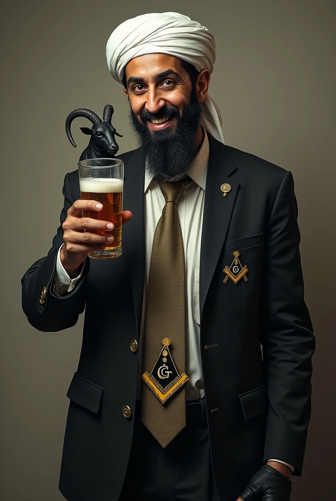 Create Osama Bin Laden, with black jacket, black necktie, with the symbol of Freemasonry drawn on the tie, a black goat drawn on the white turban, smiling with a glass of beer in his hand.