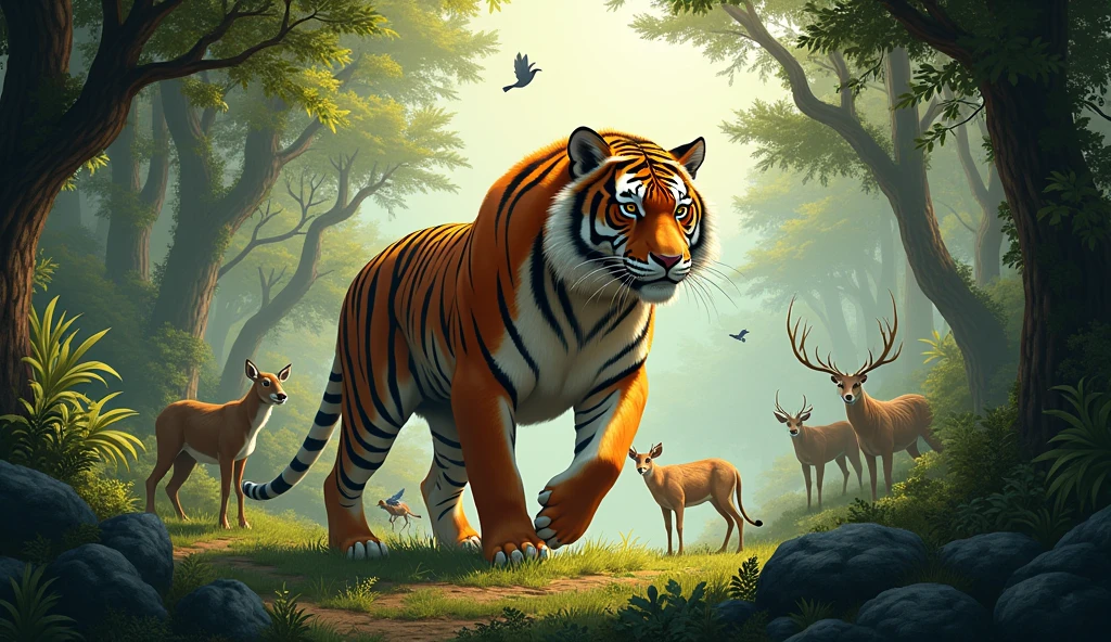 There is a very beautiful forest in which a very scary tiger is standing and there are many animals around it
