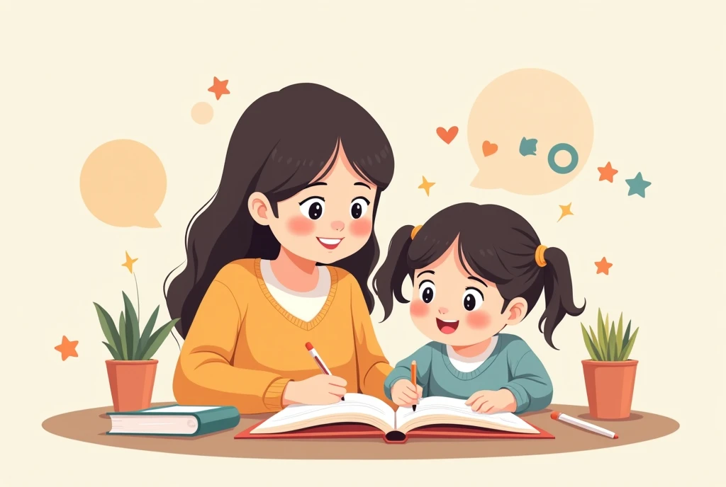 Cartoon image of mother and daughter participating in educational activities, cartoon, cute cartoon, cute cartoon style, motherly love, cute illustration, clean anime art