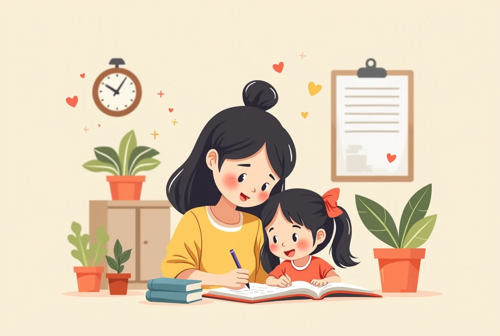 Cartoon image of mother and daughter participating in educational activities, cartoon, cute cartoon, cute cartoon style, motherly love, cute illustration, clean anime art