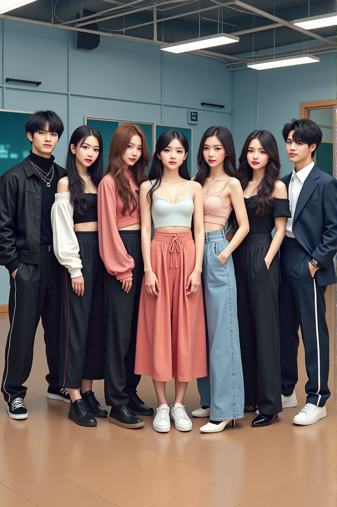 I want to make mix gener kpop group..have 6 boys and 4 girls...all six boys have black hairs and very handsom look and outfit..and one of girl is non korean she is indonisian born with brown skin and have white hair...other 3 girls have very pretty and good kook..their name is blupink..they are in dance pracise room