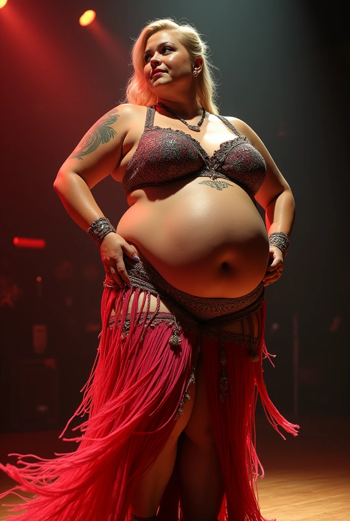 A plus size model woman is obese and fat, weighing 150kg, with lots of belly fat, she gained weight by eating too much, she is an obese plus size model with a very large belly, her belly is bulging and covered with a lot of fat, she has blonde hair in a colorful costume, a saggy belly and a tattoo around her navel, she is belly dancing on stage, swaying her body to the music, 4K quality, low angle
