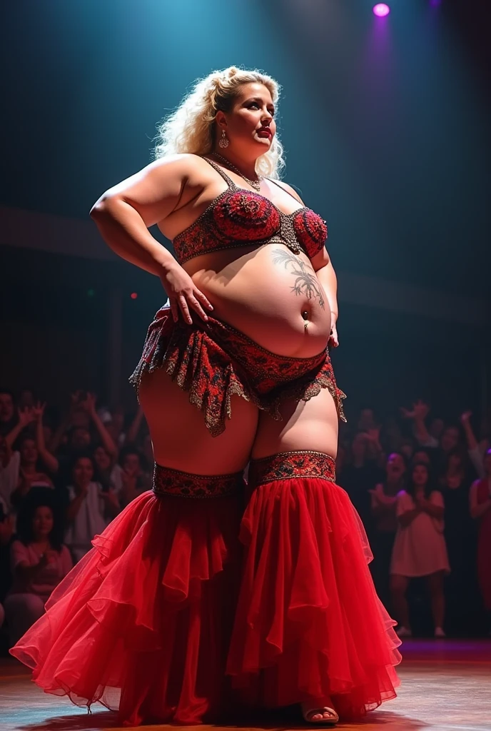 A plus size model woman is obese and fat, weighing 150kg, with lots of belly fat, she gained weight by eating too much, she is an obese plus size model with a very large belly, her belly is bulging and covered with a lot of fat, she has blonde hair in a colorful costume, a saggy belly and a tattoo around her navel, she is belly dancing on stage, swaying her body to the music, 4K quality, low angle
