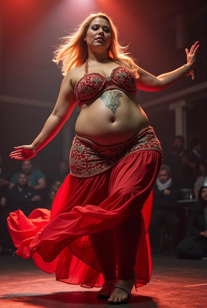 A plus size model woman is obese and fat, weighing 150kg, with lots of belly fat, she gained weight by eating too much, she is an obese plus size model with a very large belly, her belly is bulging and covered with a lot of fat, she has brown hair in a colorful costume, a saggy belly and a tattoo around her navel, she is belly dancing on stage, swaying her body to the music, 4K quality, low angle