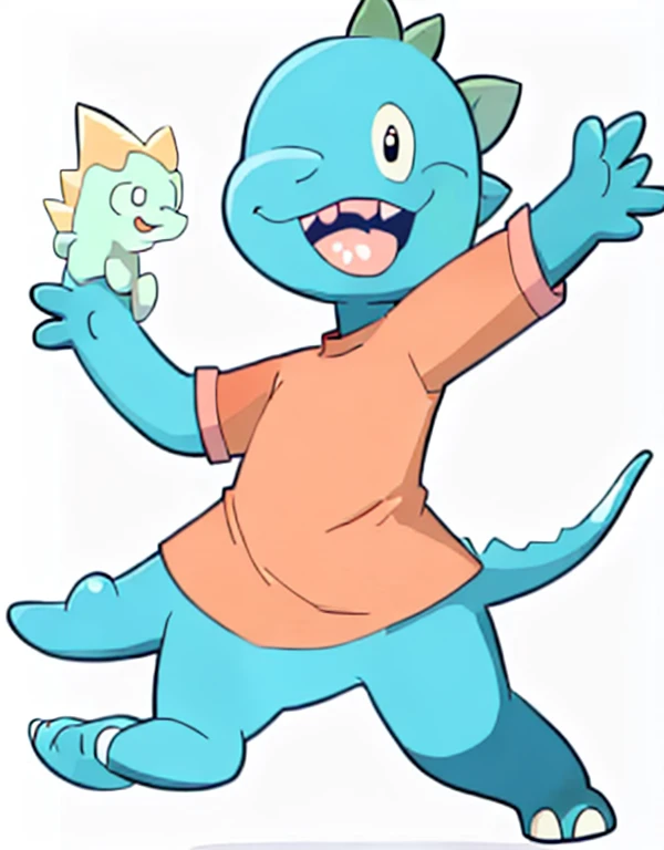 An illustration for children of a dinosaur, with the appearance of an , Happy face, happy, no eyelashes, with red shirt, without pants, blue skin, green dinosaur crests on the head and tail, full body, four fingers on each hand, jumping for joy, with an appearance of tenderness, White background