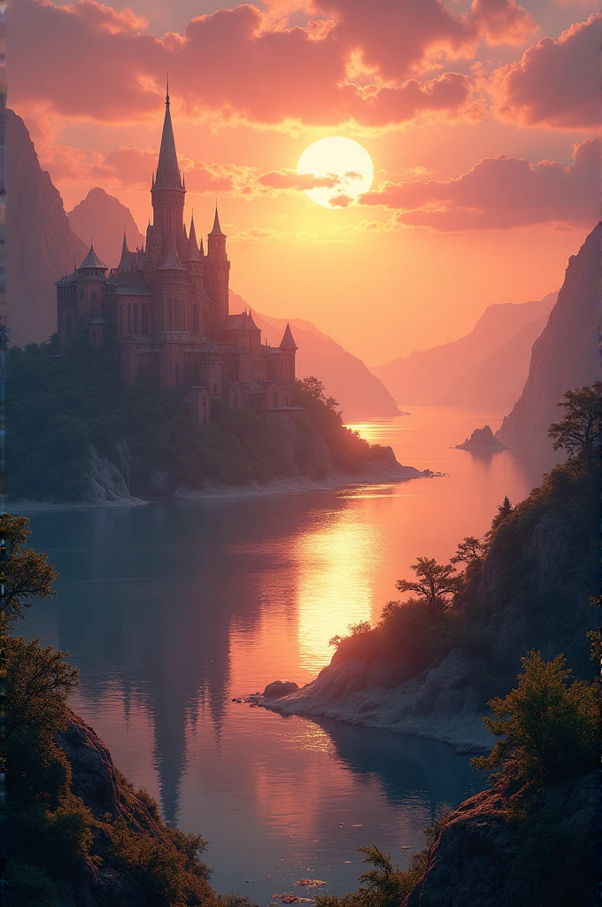 A beautiful kingdom situated between two towering mountains at sunset, with a tranquil sea on one side. The golden sun is setting between the mountains, bathing the entire scene in a warm, orange glow. The kingdom is surrounded by lush greenery, and its elegant buildings have tall spires and intricate designs that reflect the light. The sea on one side gently meets the shore, its waves shimmering in the sunset's hues of pink and gold. The sky above is a blend of purples, pinks, and oranges, creating a serene and magical atmosphere in this picturesque setting."