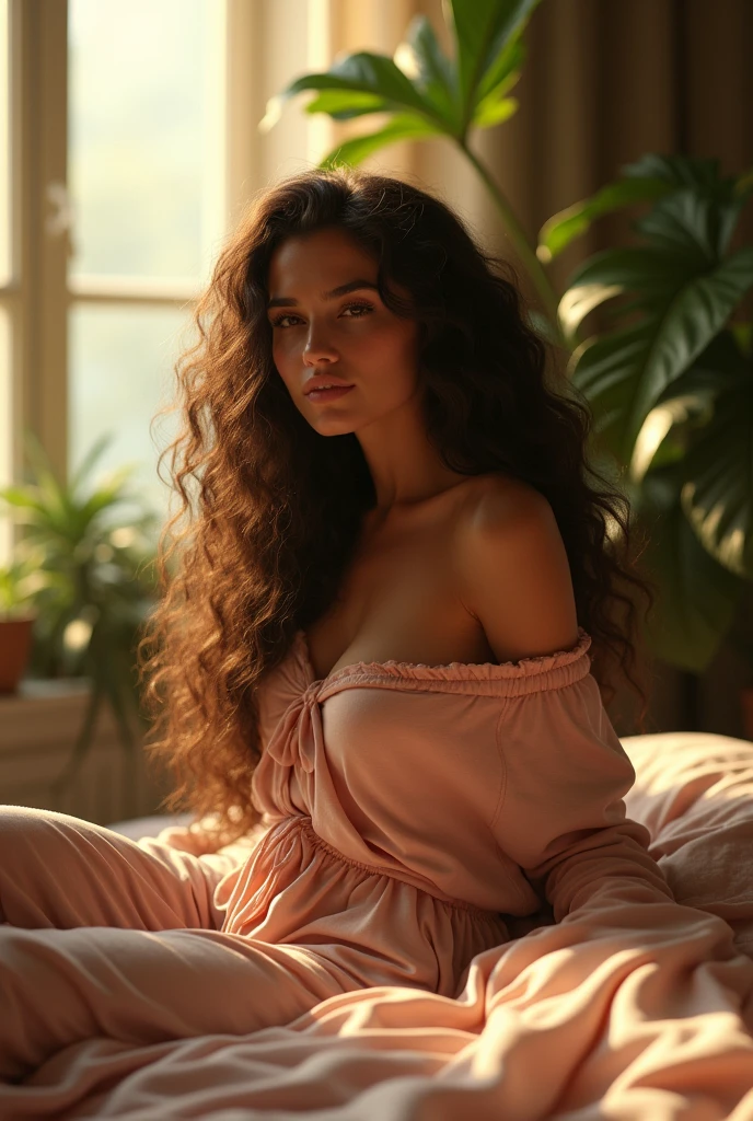 (photorealism:1.2), beautiful woman, sitting on bed, wearing loose off-shoulder top, pajama pants, long curly hair, indoors, soft lighting, plants in background, window with sunlight, cozy room, relaxed pose, realistic, intricate details, warm colors, by Greg Rutkowski, by Alphonse Mucha, in sexy lingerie