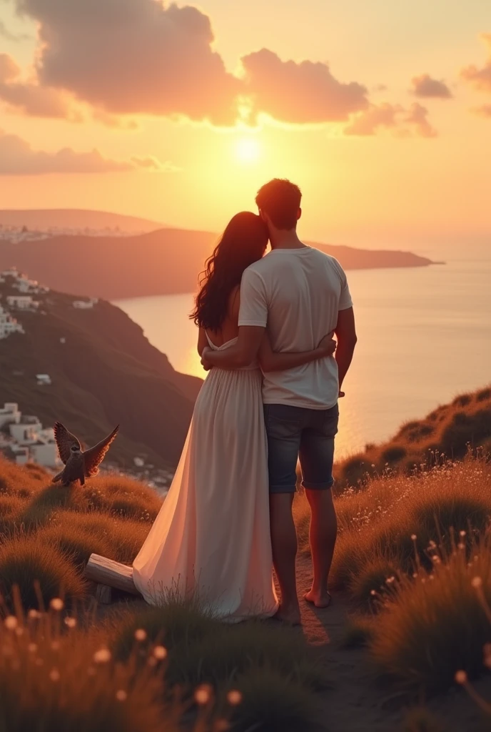 A couple with their backs turned, standing in the middle of undulating and sprawling Santorini, with the sun setting on the horizon, Bathing the landscape in warm shades of orange, pink and gold. The couple is hugging, with a relaxed and romantic posture. She is wearing a long dress, fluid and soft in color, while he wears casual clothes, like a light shirt and pants. The style of the image is clearly vintage, with a slightly faded filter and softly blurred edges, evoking a sense of nostalgia and tranquility. The colors are dull, with a slight patina that gives the feeling of an old photograph. The sky shows soft brushstrokes of clouds, and the sunlight reflects on the grass, creating a warm and welcoming atmosphere, that in the air there is an owl opening its wings