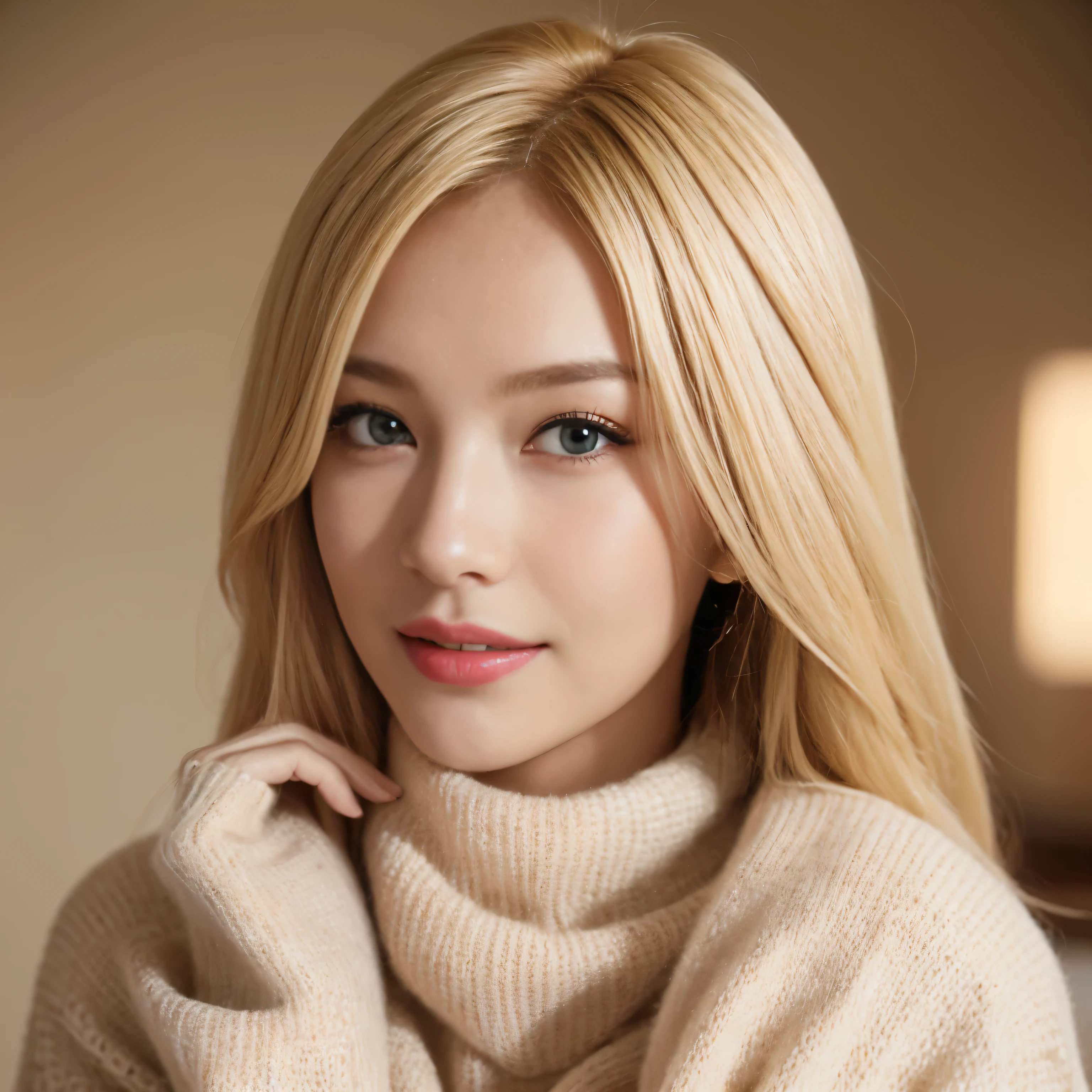 Portrait of a blonde model wearing a warm designer sweater, Brand clothing style, The sweater is completely exposed, GH5, Happy expression, Low key image, Clear Texture - Image #2 @Slim Slim