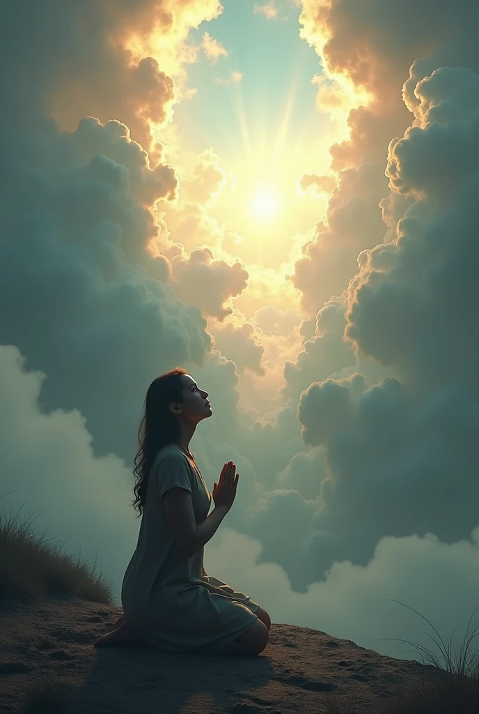 A person kneeling in prayer with a worried expression, while a cloud above opens up, showing a light, portrait, face, gorgeous, perfect composition, gorgeous, detailed, intricate, insanely detailed, octane, rendering, trend, in, art, art, fine art, fine art photography, photorealistic concept art, perfect light, soft, natural, volumetric, chiaroscuro, award-winning photography, art