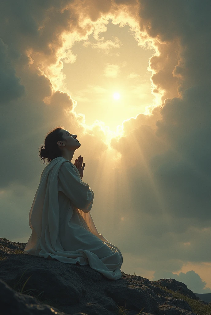 A person kneeling in prayer with a worried expression, while a cloud above opens up, showing a light, portrait, face, gorgeous, perfect composition, gorgeous, detailed, intricate, insanely detailed, octane, rendering, trend, in, art, art, fine art, fine art photography, photorealistic concept art, perfect light, soft, natural, volumetric, chiaroscuro, award-winning photography, art