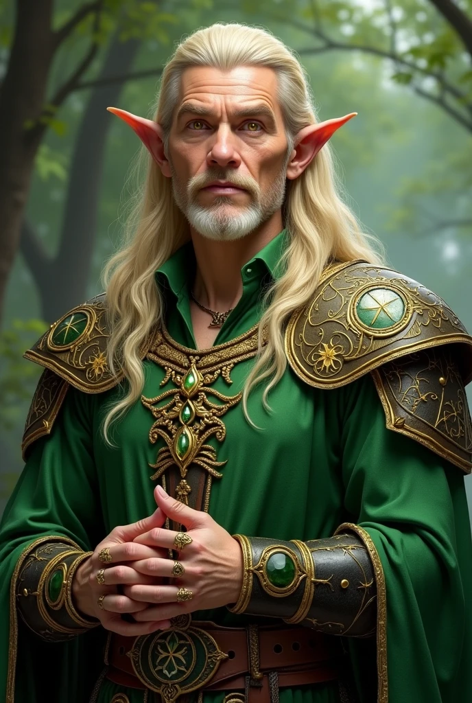 Elf man, middle age, blond long hair, yellow eyes, green fantasy cleric outfit, handsome, rings kn fingers, necklace, black-gold-green bracers, shoulder pads, shaved face