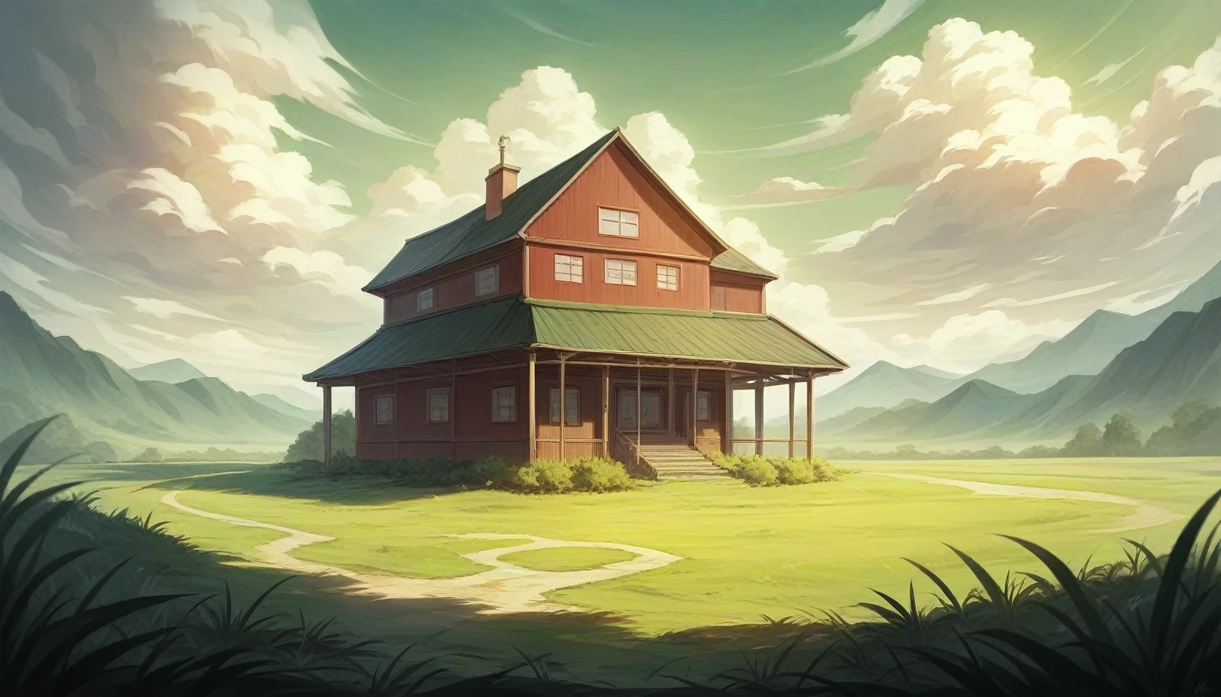 a picture of a house in the middle of a field under a cloudy sky, a digital painting inspired by Atey Ghailan, trending on Artstation, magical realism, anime art wallpaper 4k, anime art wallpaper 4 k, anime art wallpaper 8 k, anime background art, beautiful anime scene, amazing wallpaper, anime wallpaper 4 k, anime wallpaper 4k, anime background