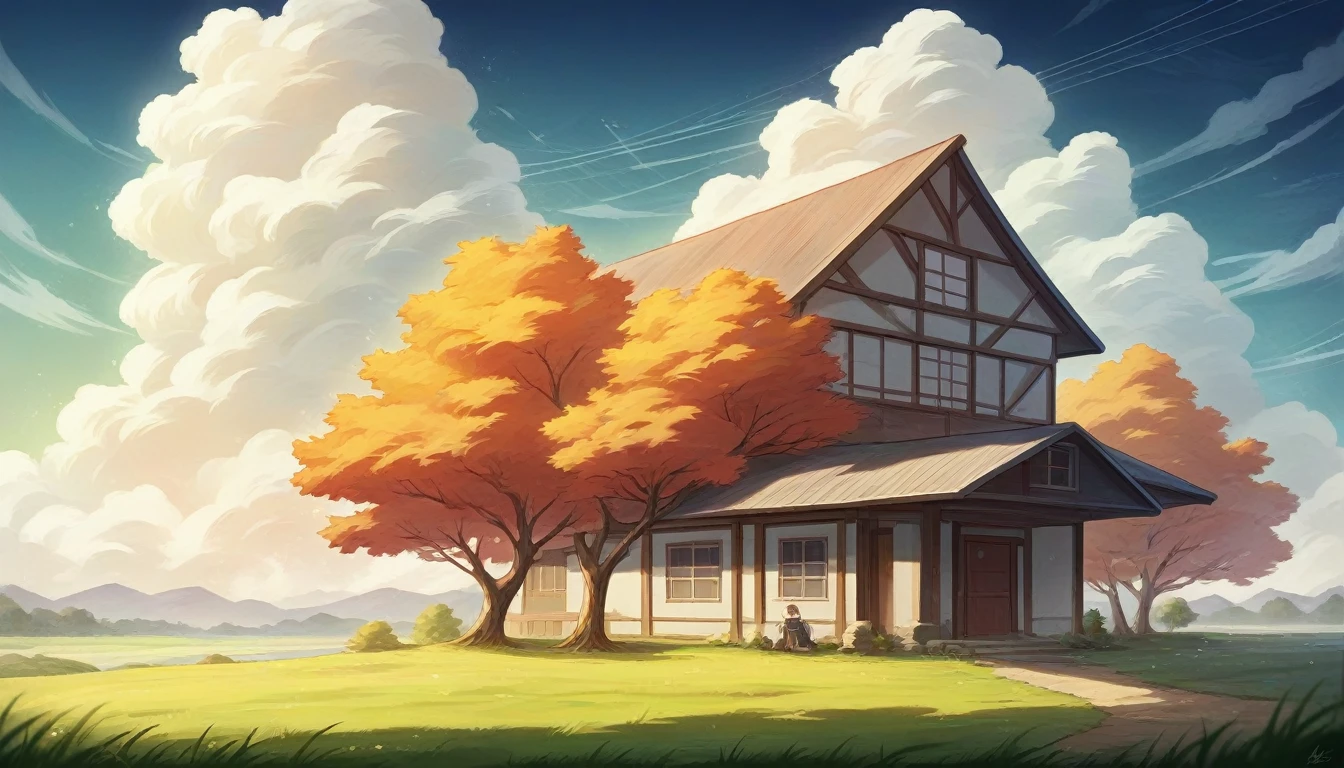 a picture of a house in the middle of a field under a cloudy sky, a digital painting inspired by Atey Ghailan, trending on Artstation, magical realism, anime art wallpaper 4k, anime art wallpaper 4 k, anime art wallpaper 8 k, anime background art, beautiful anime scene, amazing wallpaper, anime wallpaper 4 k, anime wallpaper 4k, anime background