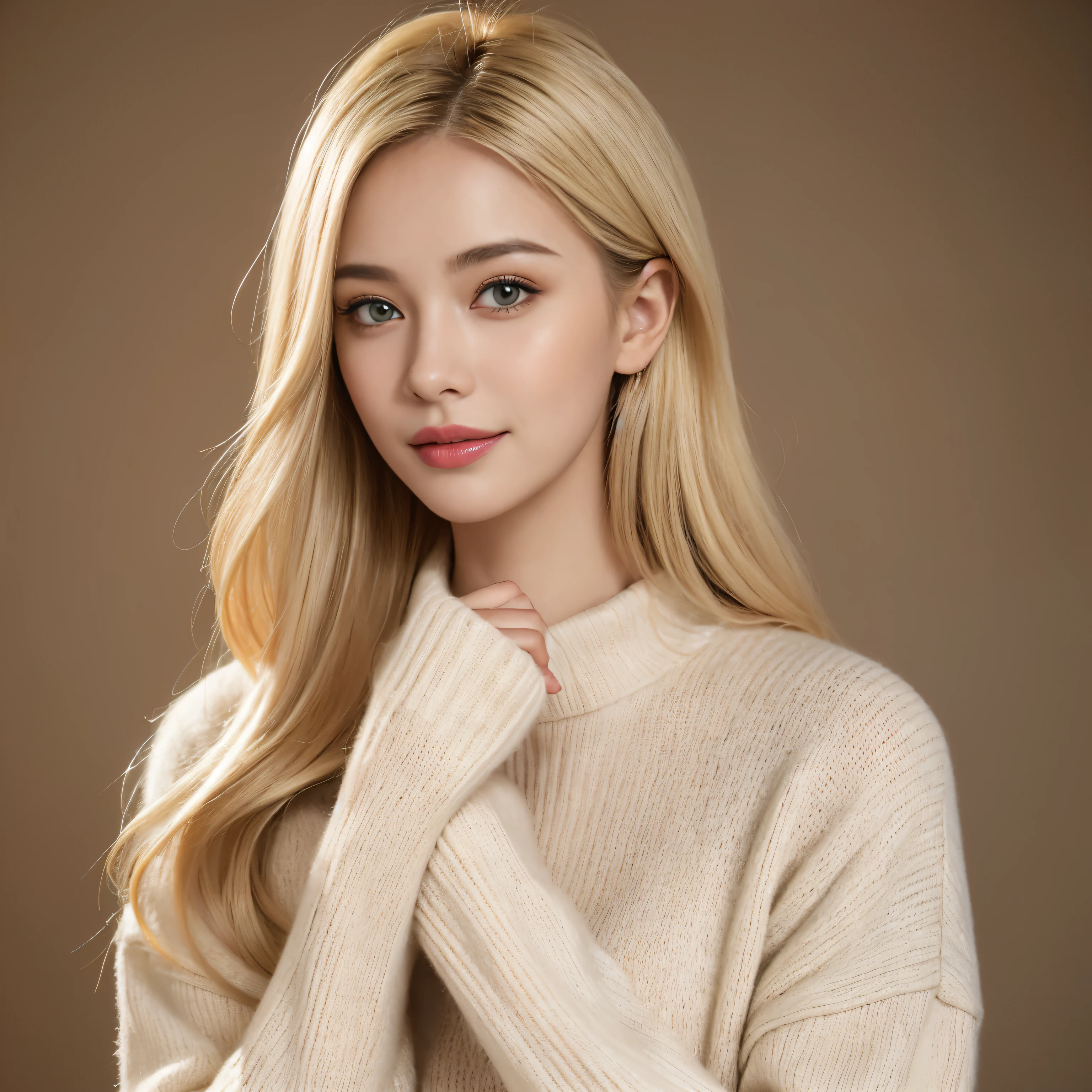 Portrait of a blonde model wearing a warm designer sweater, Brand clothing style, The sweater is completely exposed,  GH5, Happy expression, Low key image, Clear Texture - Image #2 @Slim Slim
