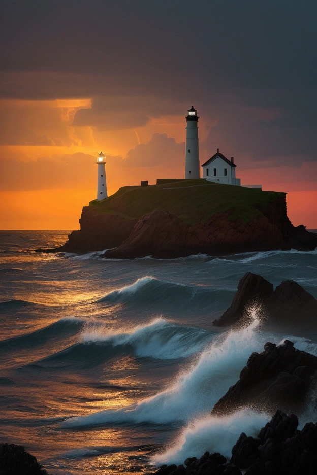 "A lighthouse on a rocky shore, its light cutting through a dark, stormy night, guiding ships safely, symbolizing hope and guidance, ar 16:9"