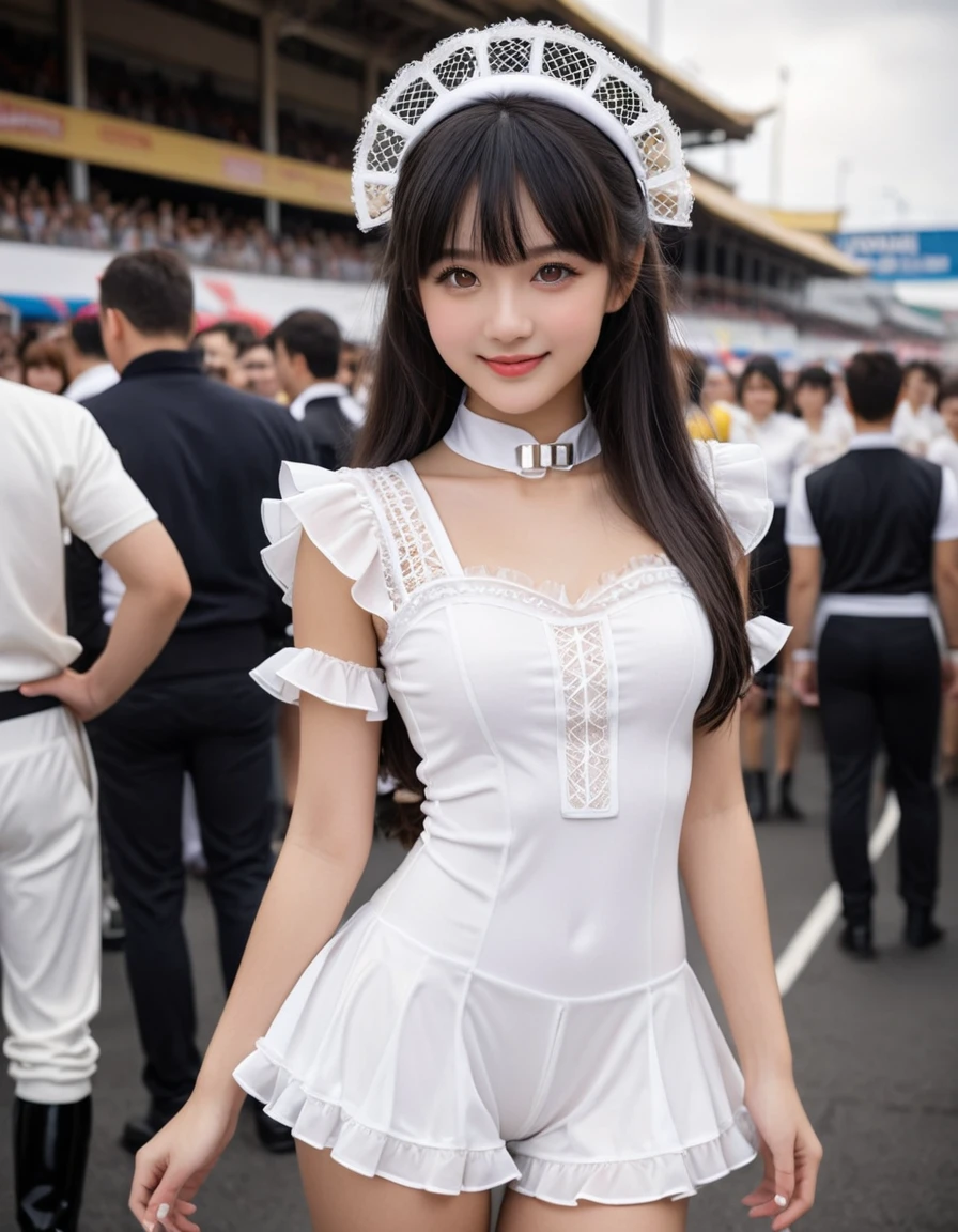 cinematic still {close up face, (adolescence girl), small smile, (pure white dress:1.2), a lot of frills, white lace cape, beautiful tender eyes symmetrical, (beautiful and detailed face), (beautiful black hair), long hair, blunt bangs, nice hands, perfect hands, Grid girl illustration. The character is wearing a pure white grid girl costume. As for the costume, she is wearing a shiny, furry costume based on pure white, and the top is short. The sleeves are pure white ruffles, and the bottoms are tight shorts. He is wearing pure white high-heeled boots underfoot. She has an energetic and confident smile on her face. Circuit pits and racing cars line up in the background.} . emotional, harmonious, vignette, highly detailed, high budget, bokeh, cinemascope, moody, epic, gorgeous, film grain, grainy