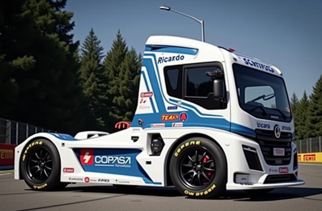Create a Volkswagen Racing Truck, formula truck style, with stickers saying RICARDO, TEAM A, COPASA. Racing truck, big fit ass, formula truck brazil