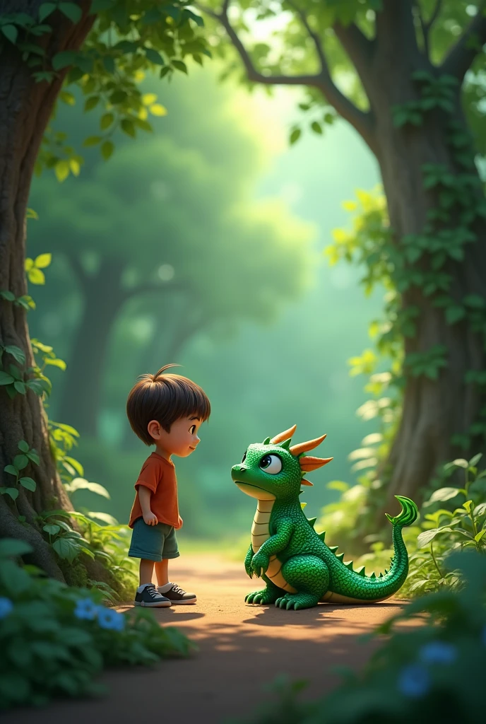 Timmy stumbling upon a hidden clearing and finding a tiny dragon, no bigger than a housecat, with scales shimmering like emeralds."3d animated, Disney style