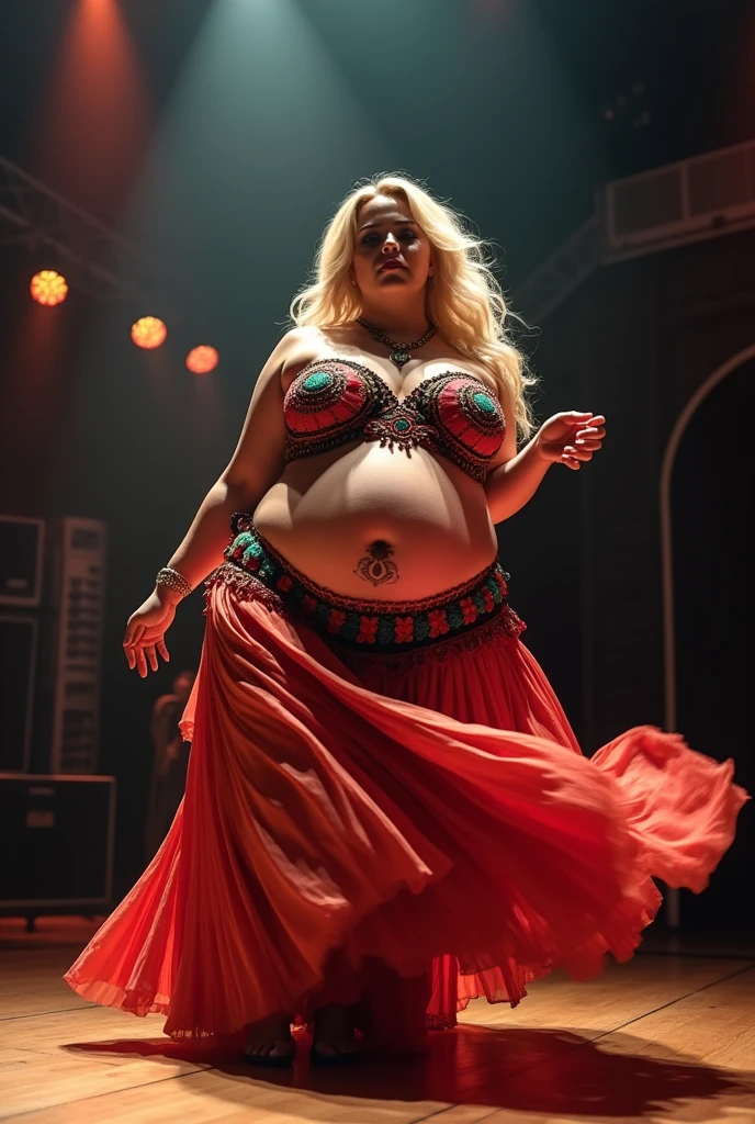 A plus size model woman is obese and fat, weighing 150kg, with lots of belly fat, she gained weight by eating too much, she is an obese plus size model with a very large belly, her belly is bulging and covered with a lot of fat, she has blonde hair in a colorful costume, a saggy belly and a tattoo around her navel, she is belly dancing on stage, swaying her body to the music, 4K quality, low angle