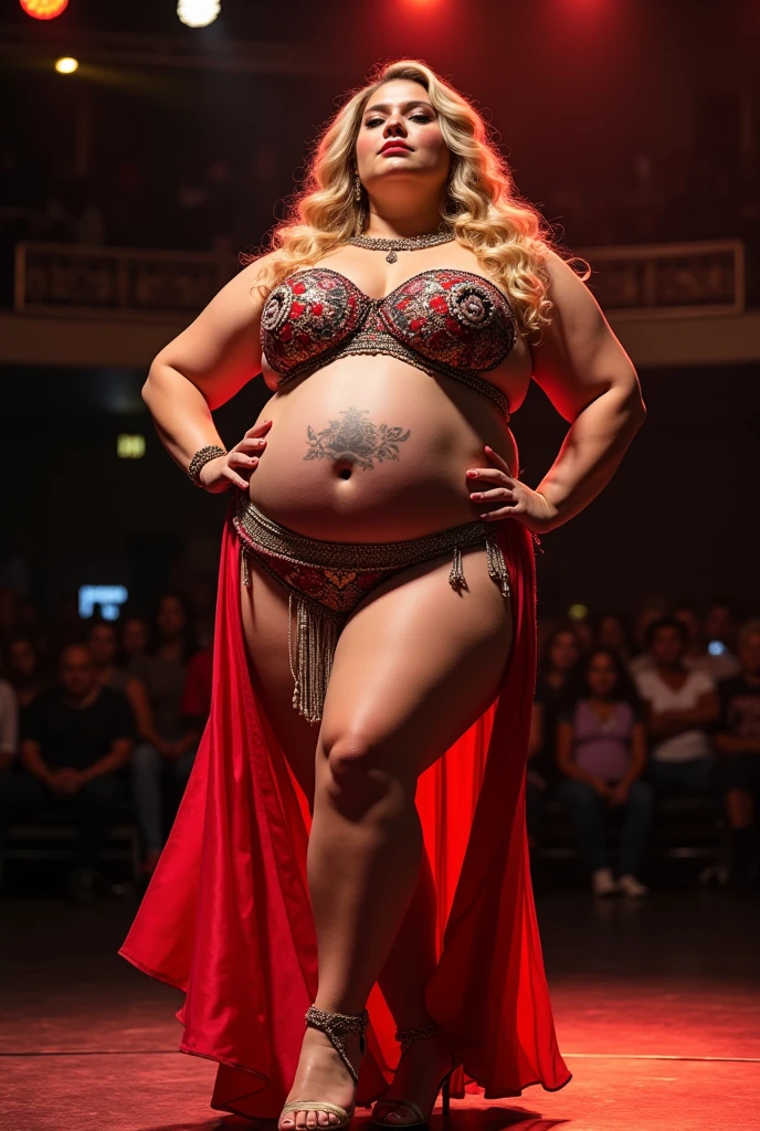 A plus size model woman is obese and fat, weighing 150kg, with lots of belly fat, she gained weight by eating too much, she is an obese plus size model with a very large belly, her belly is bulging and covered with a lot of fat, she has blonde hair in a colorful costume, a saggy belly and a tattoo around her navel, she is belly dancing on stage, swaying her body to the music, 4K quality, low angle